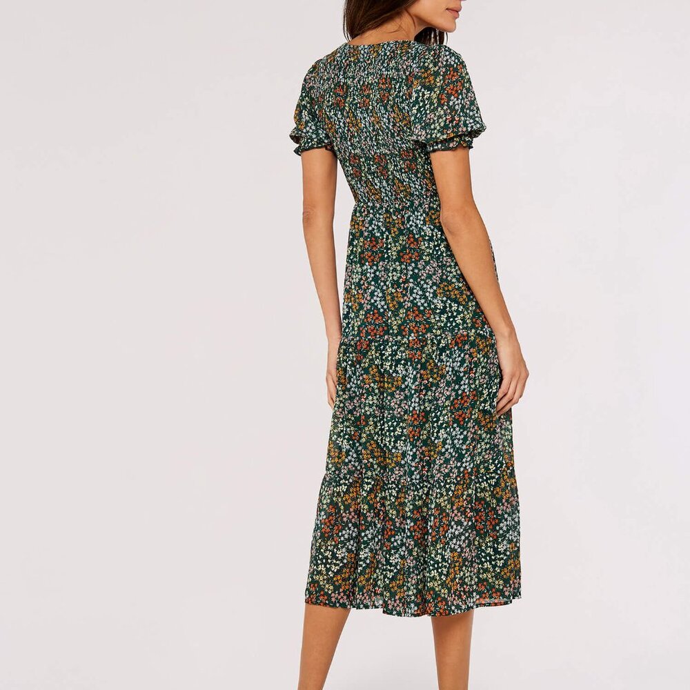 Puff Sleeve Floral Midi Dress with Smocked Bodice - Picture 4 of 7